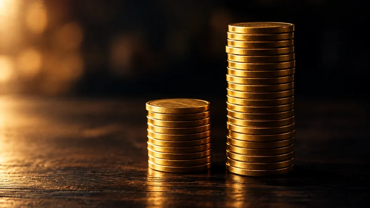 Zwei unterschiedlich hohe Stapel Goldmünzen nebeneinander
