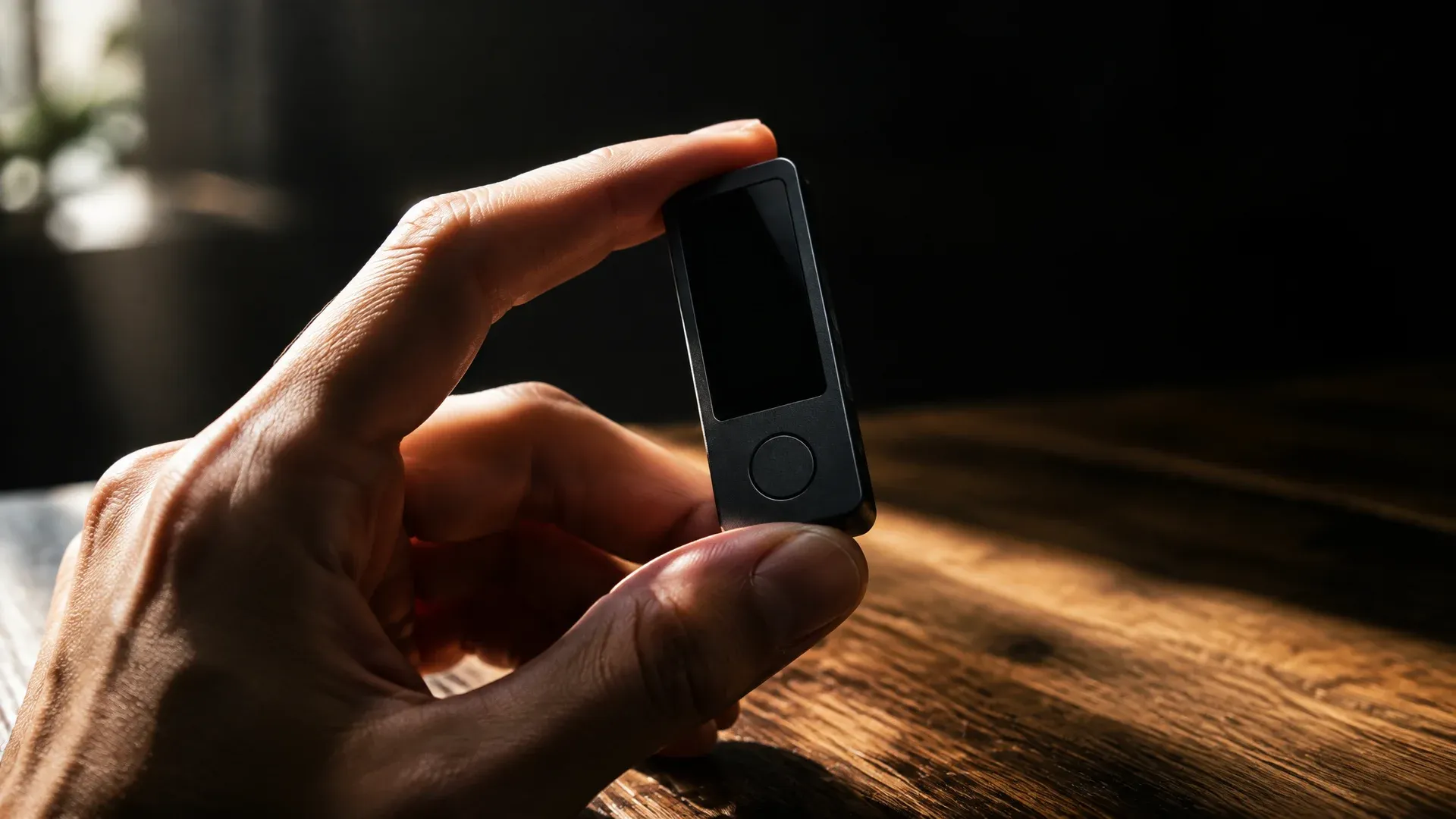Markenlose Hardware-Wallet mit dunklem Display zwischen zwei Fingern über einem hölzernen Küchentisch