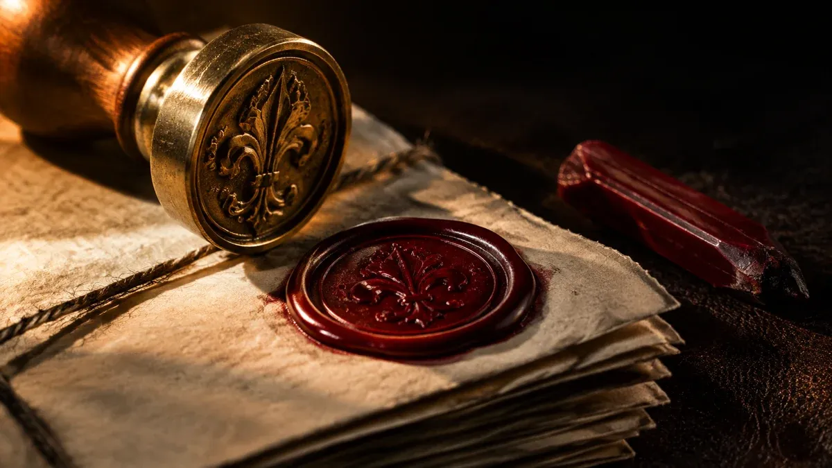 Brass seal stamp next to a dark red wax seal on a bundle of paper, with a stick of sealing wax beside it on dark leather