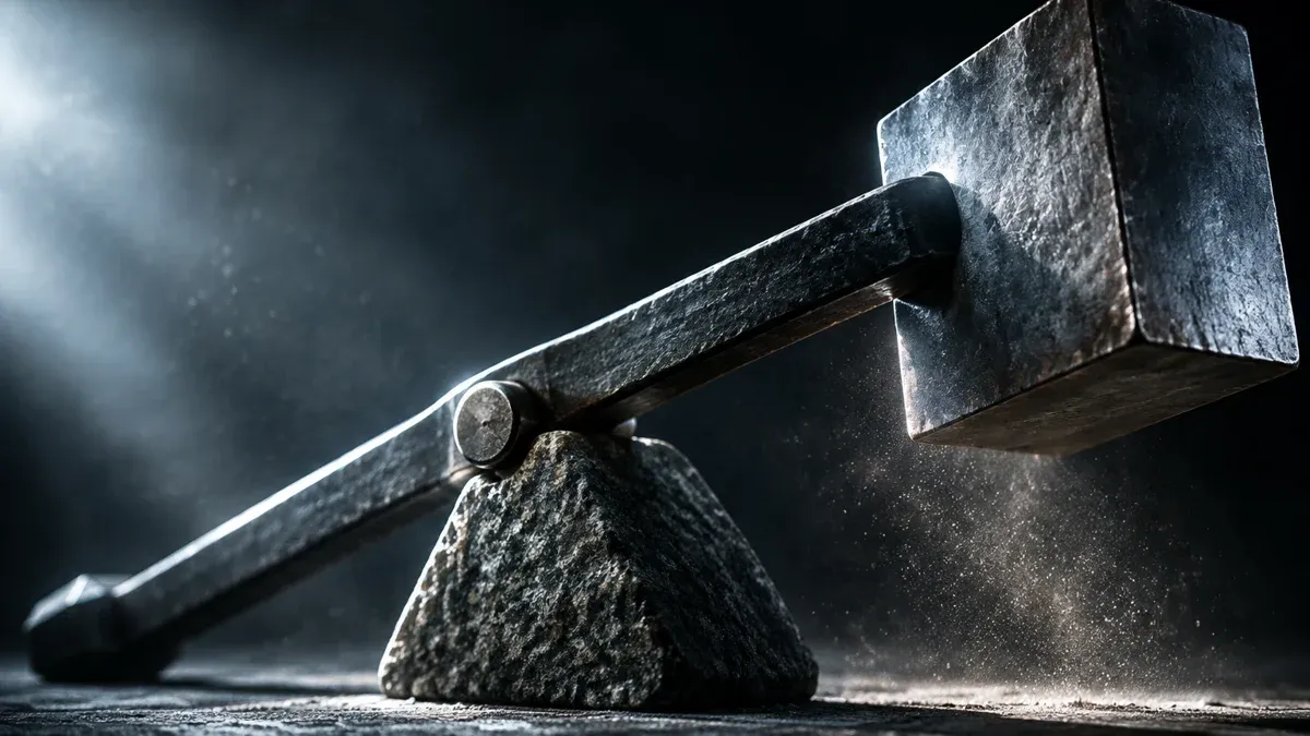 Forged steel lever arm on a granite fulcrum lifting a solid metal block, dust in the backlight
