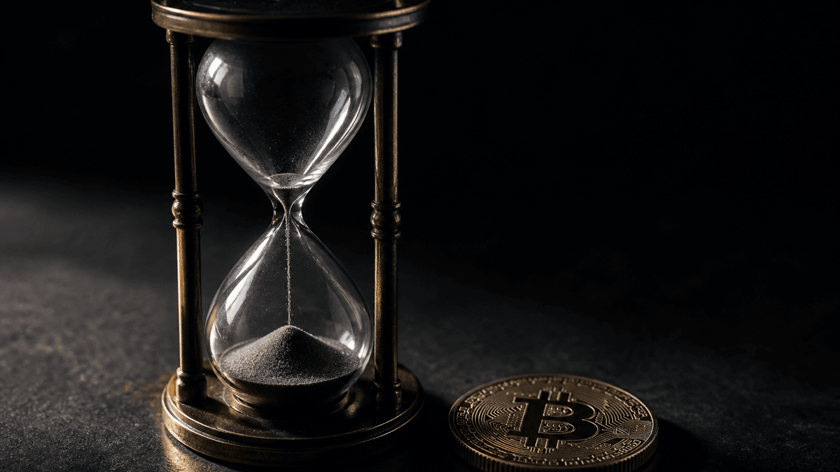 Eine Sanduhr aus Messing mit fast leerem oberem Kolben auf dunkler Stahlplatte, daneben liegt flach eine Münze mit Bitcoin-Zeichen