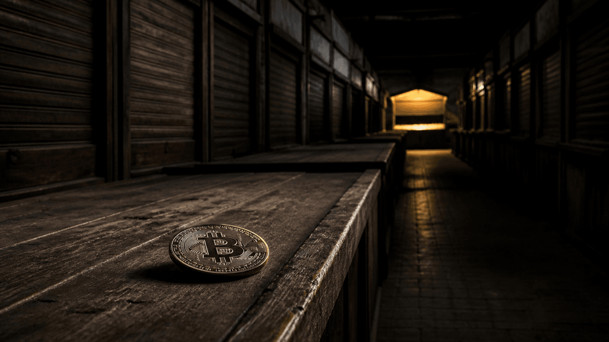 Lange Flucht leerer hölzerner Handelskabinen in dunkler Markthalle, alle Klappen zu bis auf eine erleuchtete am Ende, vorn eine Münze mit Bitcoin-Zeichen auf leerem Tresen