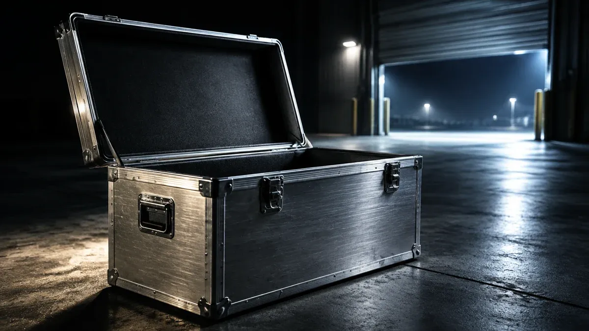 Offene Transportkiste aus gebürstetem Aluminium auf einer leeren Betonladerampe bei Nacht, dahinter ein geöffnetes Rolltor