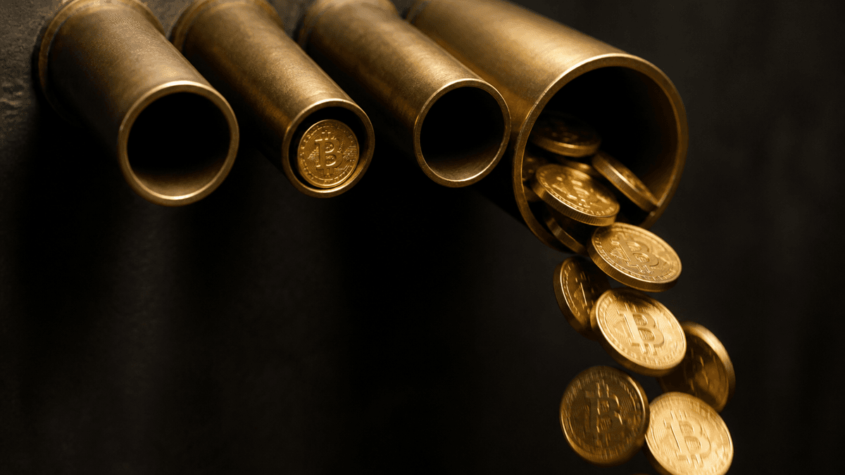 Vier Messingrohre unterschiedlicher Weite in einer dunklen Wand, aus dem weitesten strömen Bitcoin-Münzen, im engsten klemmt eine einzelne Münze