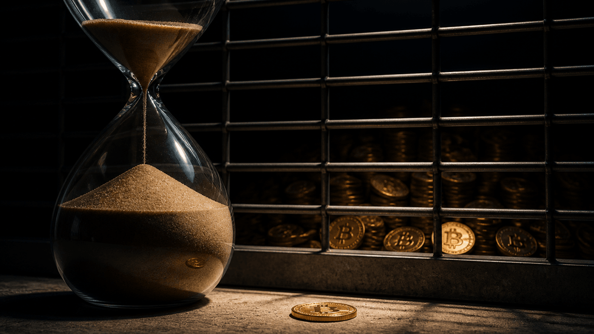 Eine Sanduhr mit fast voller unterer Kammer vor einem heruntergelassenen Stahlgitter, hinter dem Bitcoin-Münzen unerreichbar liegen