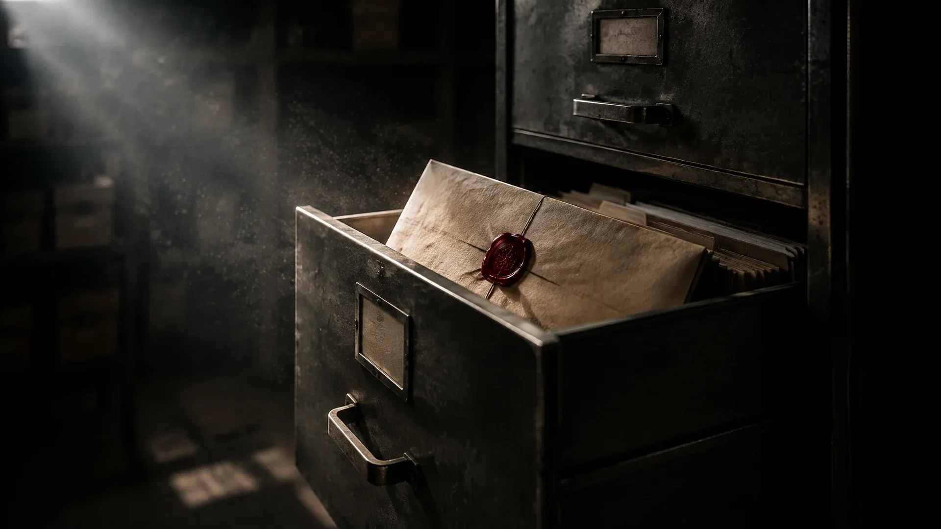 An opened steel filing cabinet in a dark archive room, with a sealed envelope bearing red wax protruding from one drawer