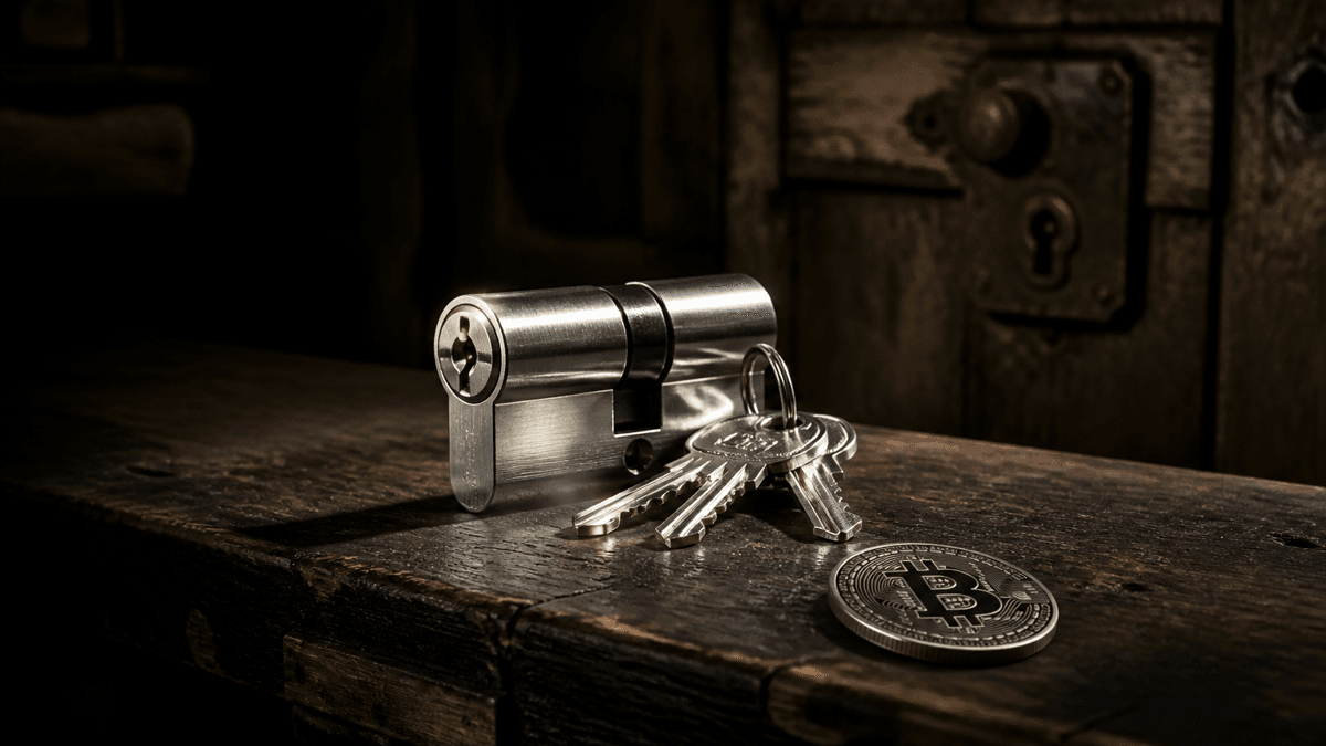 Ein fabrikneues Zylinderschloss mit blankem Schlüsselbund liegt auf einer Werkbank, dahinter im Halbdunkel eine alte Holztür mit noch eingebautem altem Schloss, davor eine Münze mit Bitcoin-Symbol