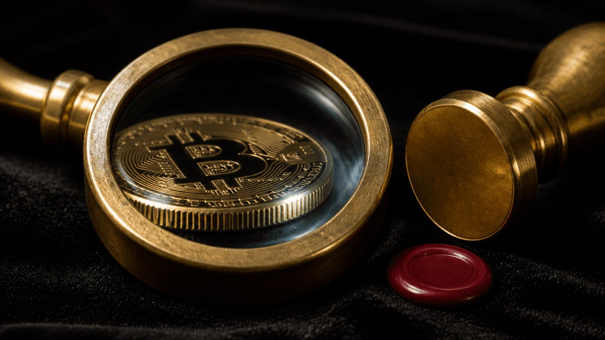 Eine messingfarbene Juwelierlupe auf schwarzem Samt vergrößert die geriffelte Prägekante einer Münze mit Bitcoin-Symbol, daneben ein Messing-Siegelstempel und ein Tropfen roten Siegelwachses