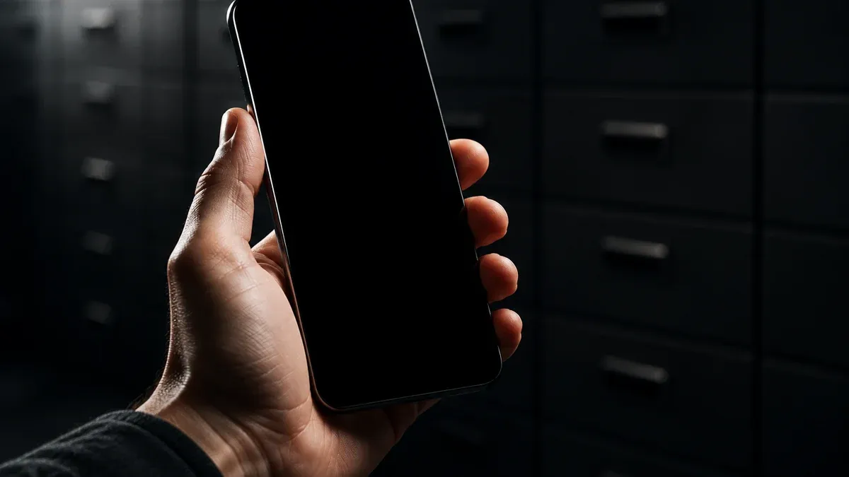 Smartphone mit leerem schwarzen Display in einer Hand vor einer dunklen Bürowand mit geschlossenen Schubfächern