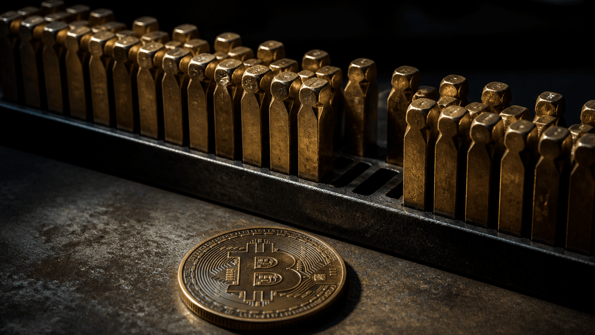 Werkstatt-Halterung mit einer dichten Reihe schwerer Messingstempel, an zwei benachbarten Stellen klaffen leere Plaetze, davor eine Metallmuenze mit Bitcoin-Zeichen