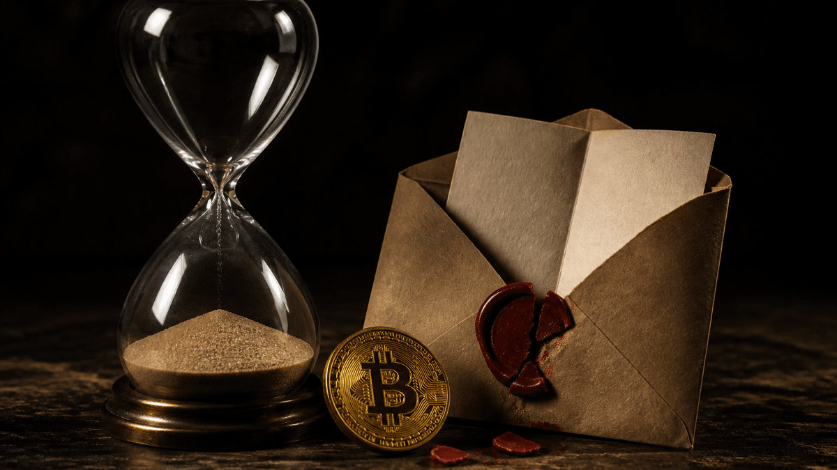 Durchgelaufene Sanduhr neben einem geöffneten Umschlag mit gebrochener Wachsplombe und einer goldenen Münze mit Bitcoin-Symbol