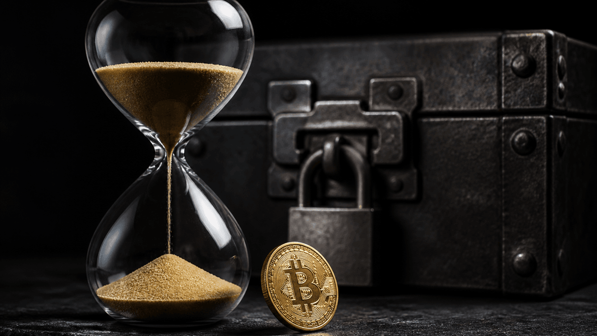 Gläserne Sanduhr mit rieselndem Sand vor einer verschlossenen Metallkassette mit Vorhängeschloss, davor eine hochkant stehende Münze mit Bitcoin-Symbol