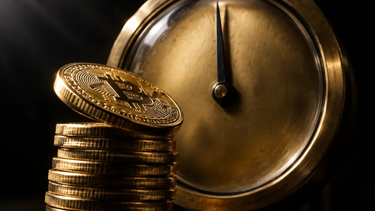 Gestapelte Goldmünzen mit Bitcoin-Zeichen vor einem großen Messing-Zifferblatt ohne Zahlen, dessen einzelner Zeiger kurz vor dem Scheitelpunkt steht