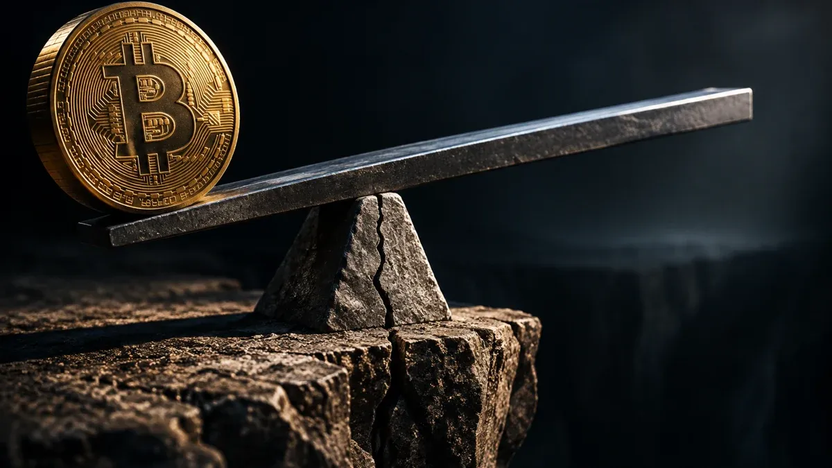 Stählerner Hebelarm auf einem gerissenen Steinkeil, auf der kurzen Seite eine übergroße Bitcoin-Münze, die lange Seite ragt frei über eine dunkle Schlucht