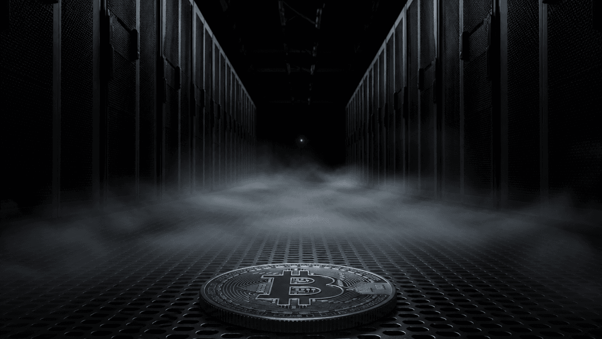 Dunkle Gasse zwischen zwei Reihen Serverschraenke, alle Statusleuchten erloschen bis auf eine gruene weit hinten, Nebel ueber dem Bodenblech, vorn eine Muenze mit Bitcoin-Zeichen