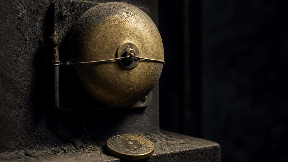 Verstaubte Messing-Alarmglocke an dunkler Betonwand, der Kloeppel mit einem Draht festgebunden, darunter auf dem Mauervorsprung eine Muenze mit Bitcoin-Zeichen