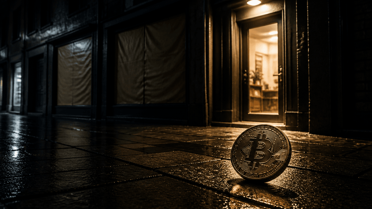 Nächtliche Ladenzeile im Regen, zwei benachbarte Ladenlokale sind dunkel und von innen mit Packpapier abgeklebt, das dritte ist hell erleuchtet, im Lichtkegel davor liegt eine Münze mit Bitcoin-Zeichen