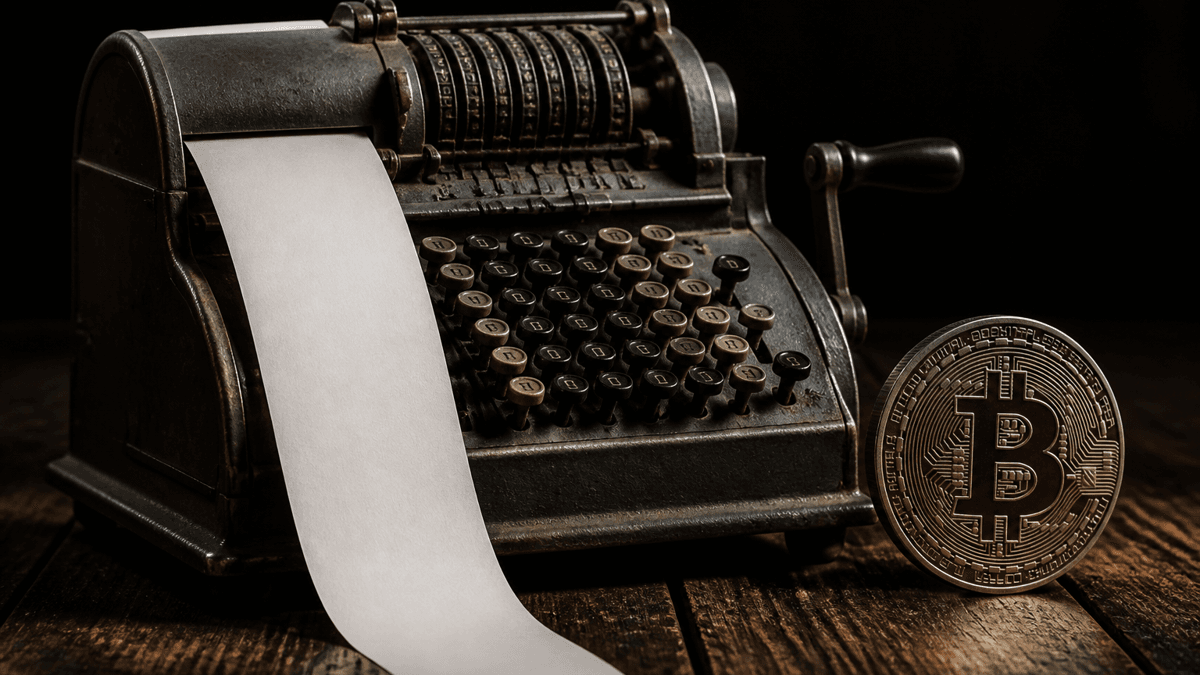 An old mechanical metal desk calculator on dark wood, beside it an upright coin stamped with the Bitcoin symbol