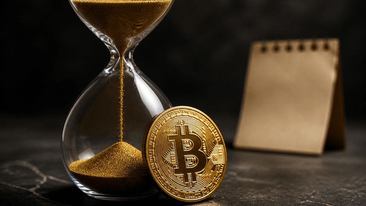 A glass hourglass with golden sand trickling through on dark stone, beside it a coin stamped with the Bitcoin symbol leaning against it