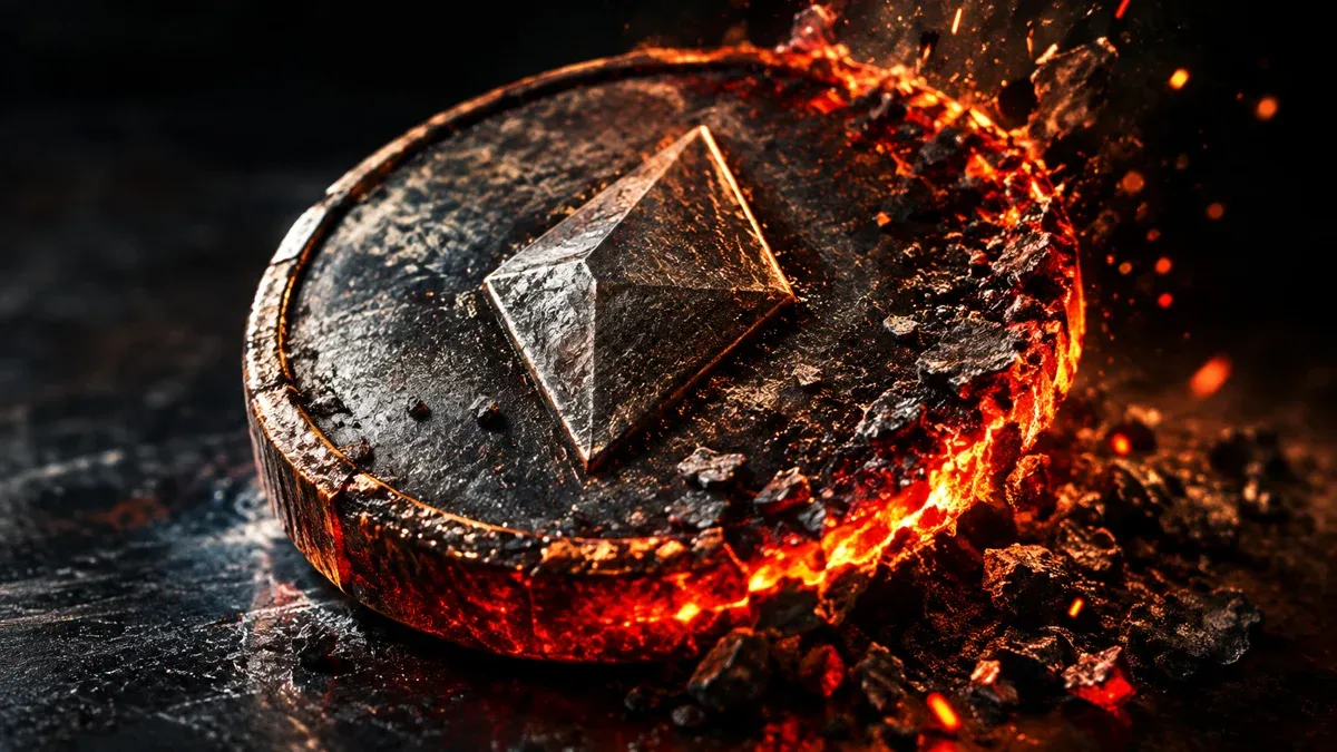 Macro shot of a heavy metal coin stamped with a diamond-shaped symbol, its glowing rim burning out and crumbling into ash