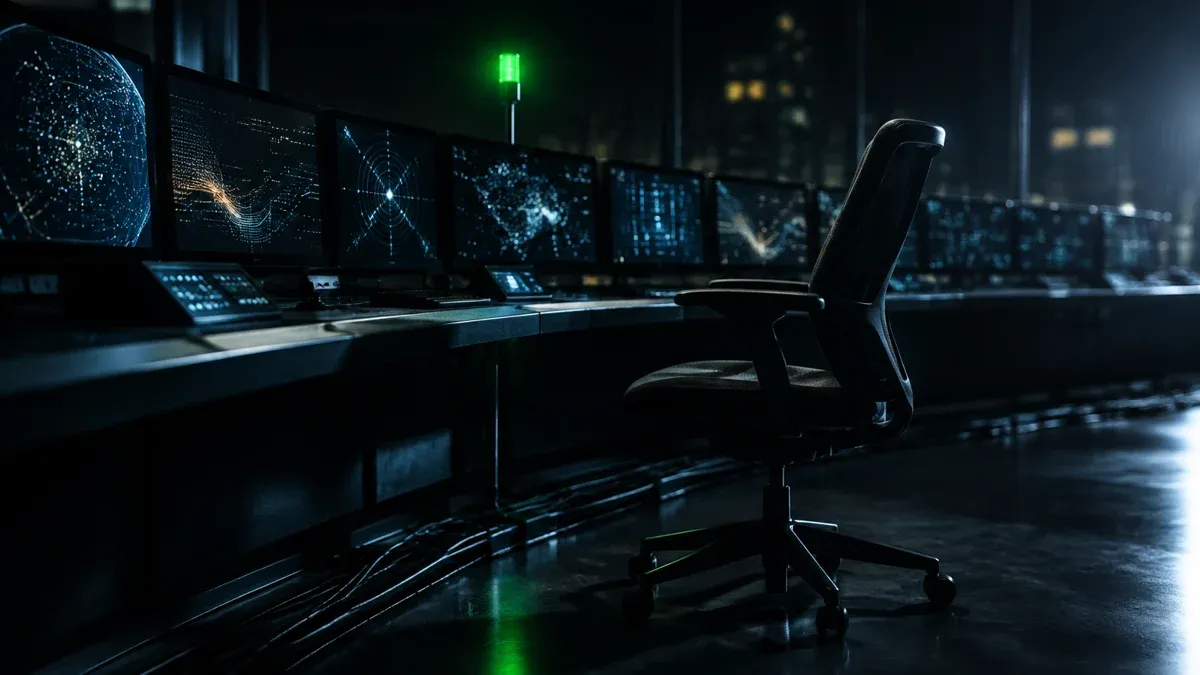 Night-time control room with a long console, rows of dark monitors showing abstract light patterns and a single green status lamp