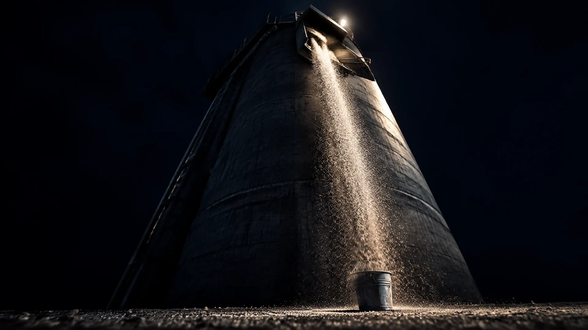 Hoher Betonsiloturm bei Nacht von unten, aus einer offenen Schütte weit oben rauscht ein breiter Strom herab, am Fuß steht ein einzelner kleiner Eimer