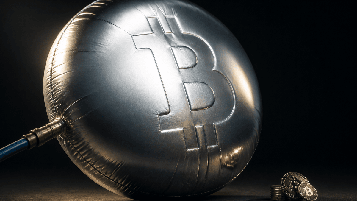 Eine riesige, prall aufgeblasene Ballonmünze mit eingeprägtem Bitcoin-Zeichen an einem Druckluftschlauch, daneben zwei winzige massive Metallmünzen