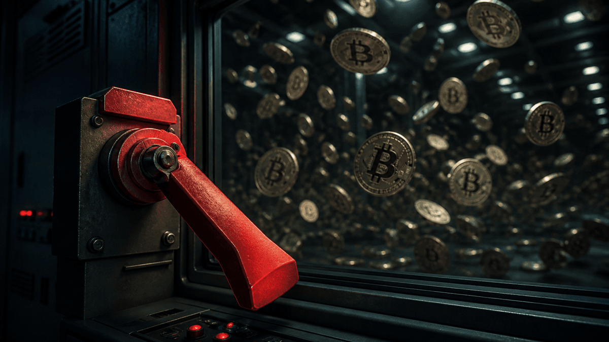 Ein heruntergerissener roter Not-Aus-Hebel in einem dunklen Kontrollraum, dahinter hängen hinter Glas Dutzende Münzen mit Bitcoin-Zeichen reglos in der Luft