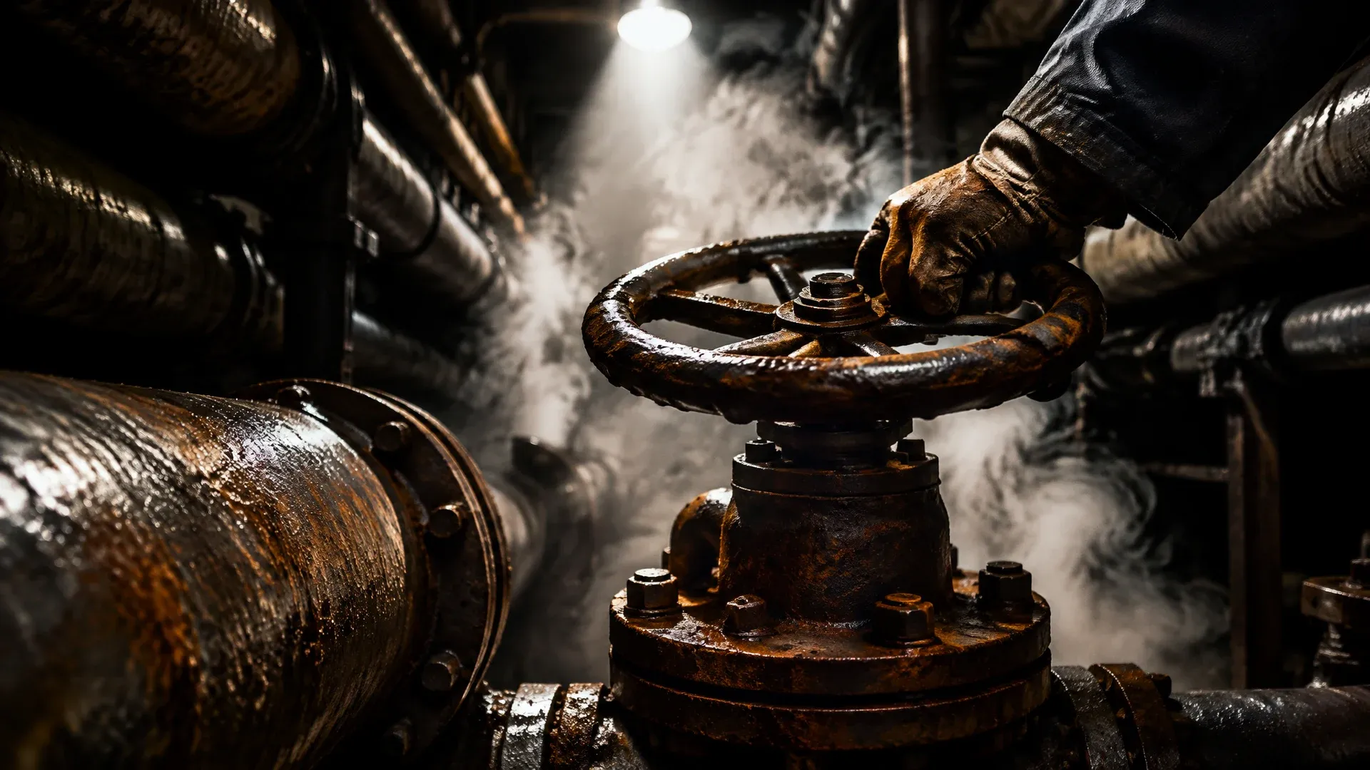 Hand an einem großen Absperrventil in einem industriellen Rohrleitungsgang