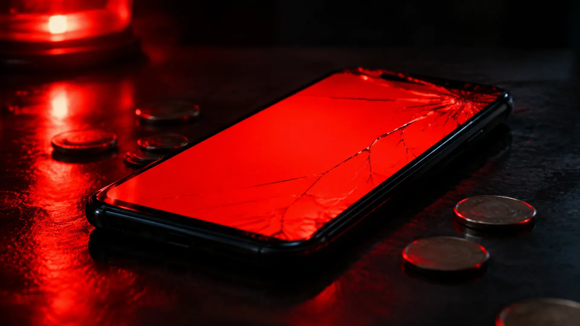 Smartphone with a glowing red screen and cracked glass next to scattered coins