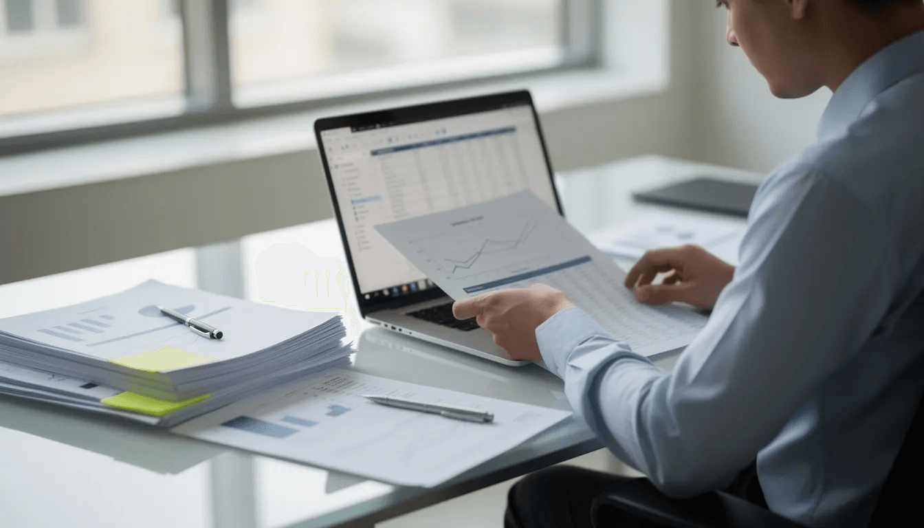 A person is sitting at a desk with a laptop open, reviewing various financial documents related to cryptocurrency tax