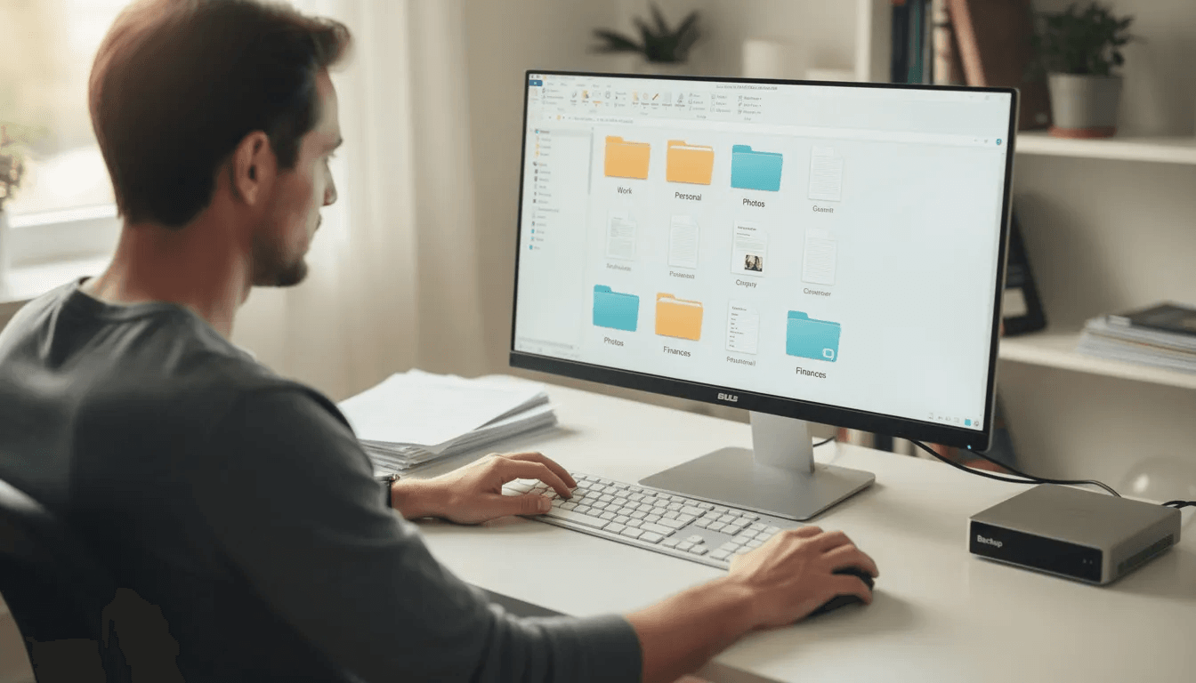 A person is sitting at a desk, focused on organizing digital files on their computer, which likely include tax forms and records related to cryptocurrency transactions.