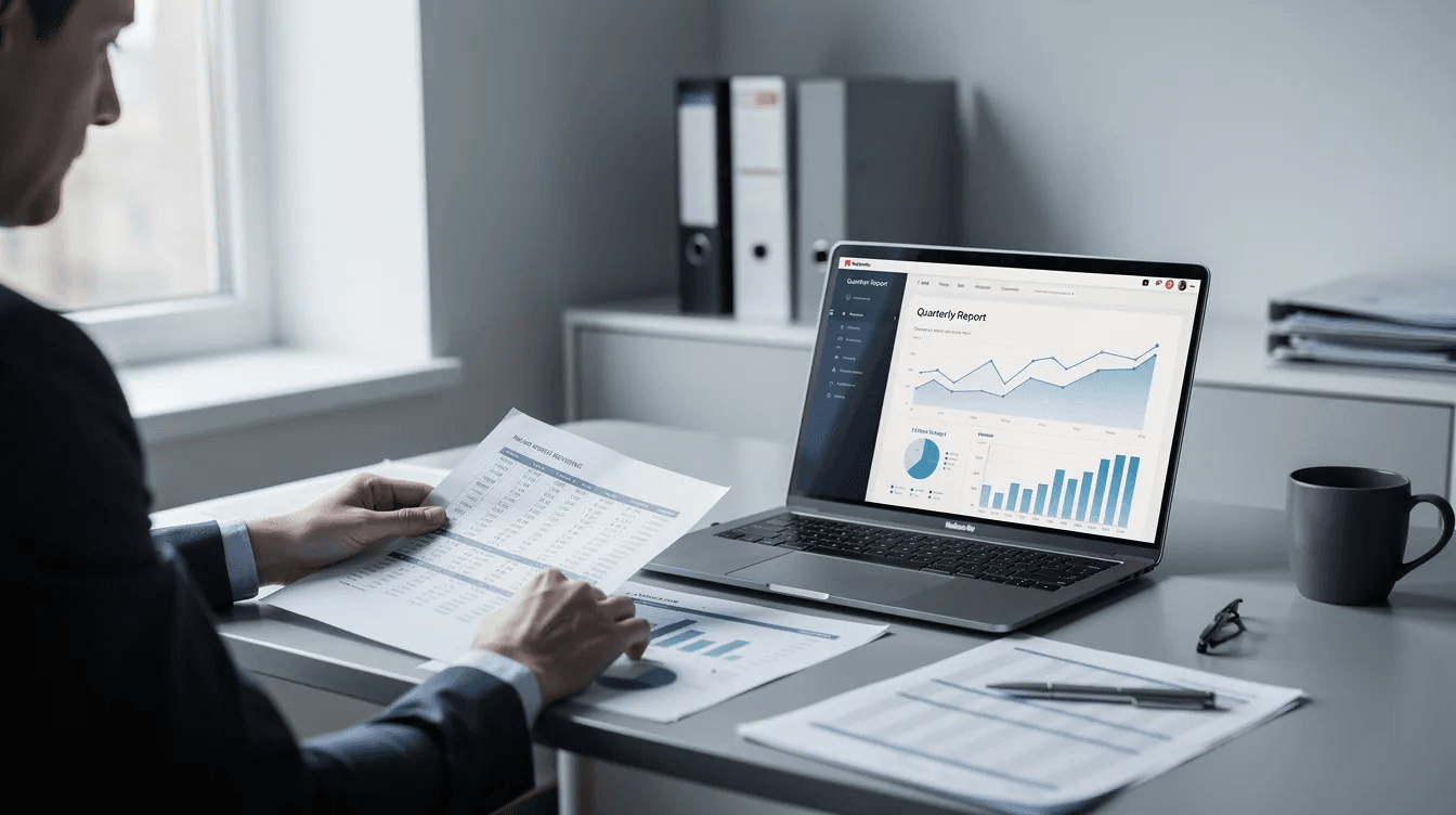 Une personne est assise devant un ordinateur portable, examinant des documents financiers liés à la fiscalité des crypto