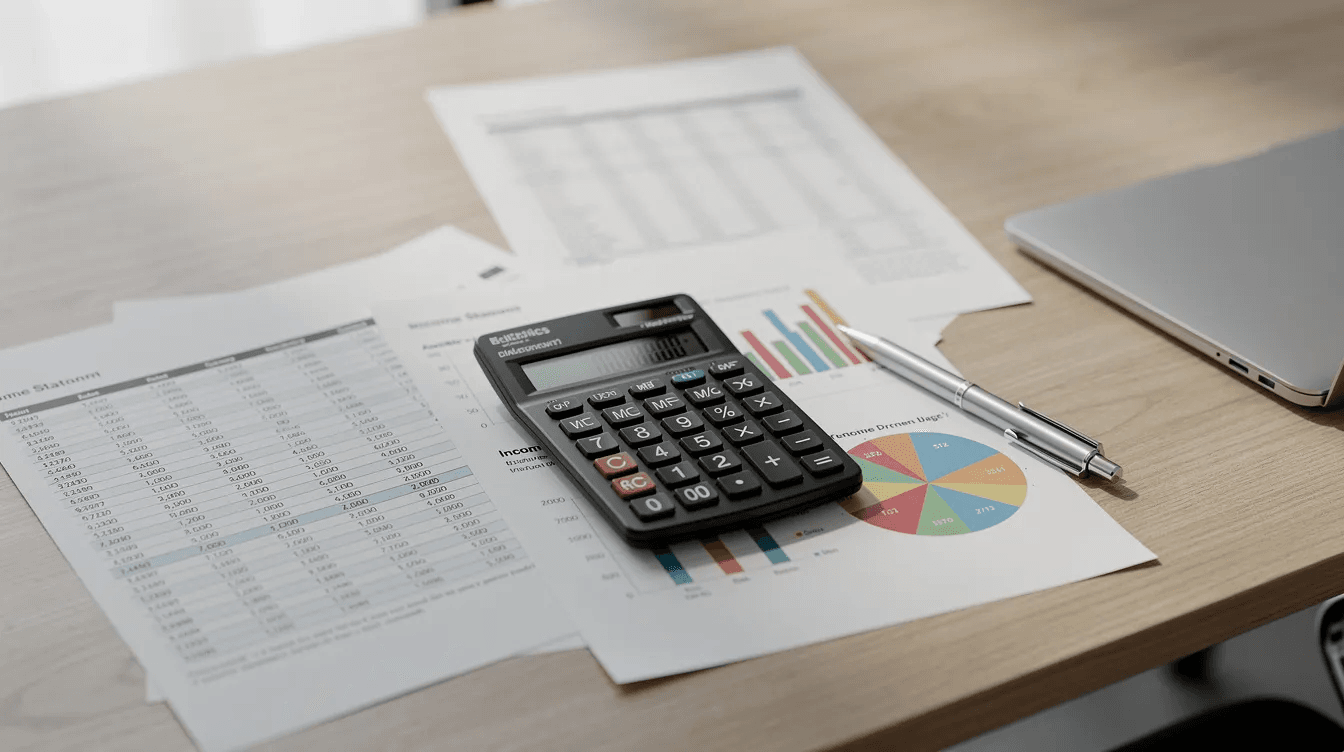 Calculatrice et documents financiers posés sur un bureau, symbolisant la fiscalité des cryptomonnaies