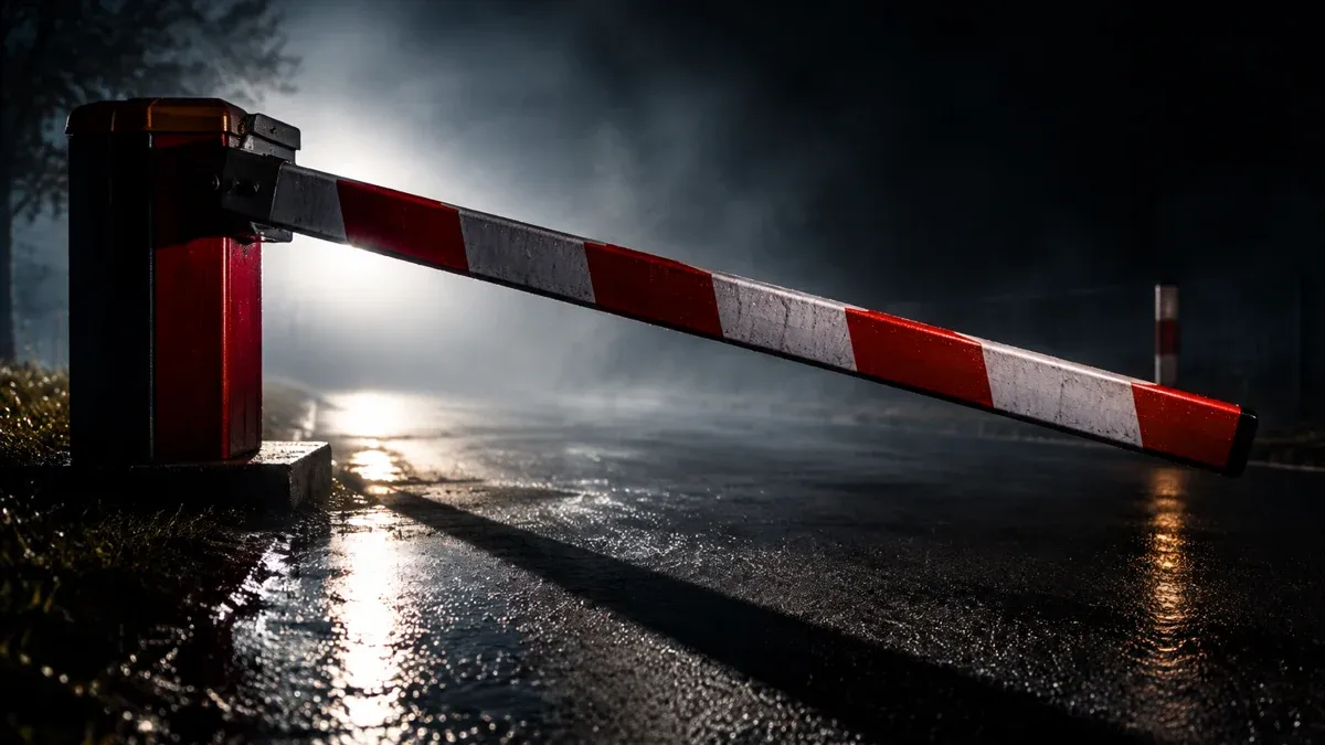 Rot-weiß gestrichene Stahlschranke senkt sich nachts im Nebel über eine leere Zufahrt
