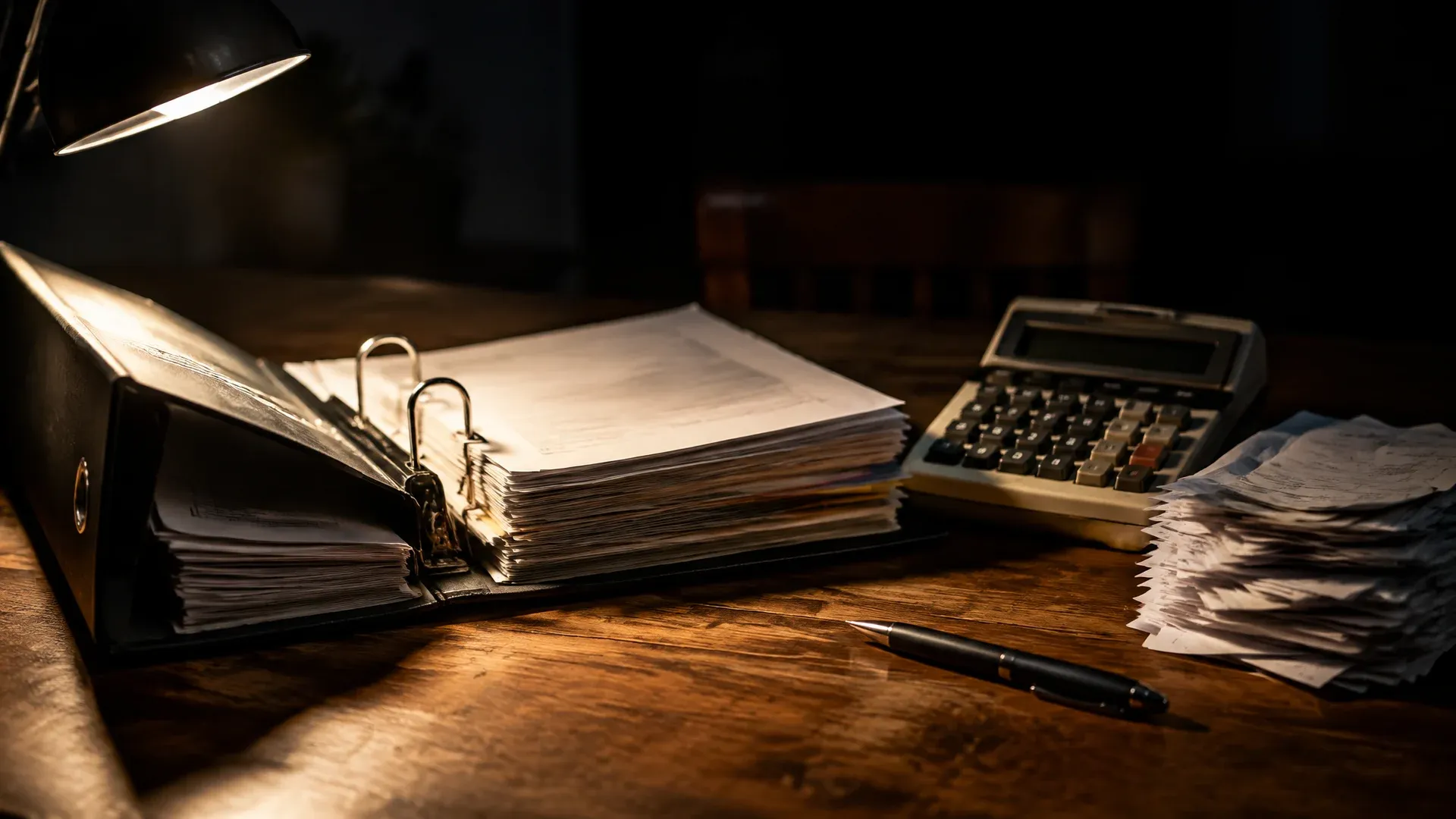 Open tax folder and an old desk calculator on a wooden kitchen table, with a pen and a stack of receipts beside them