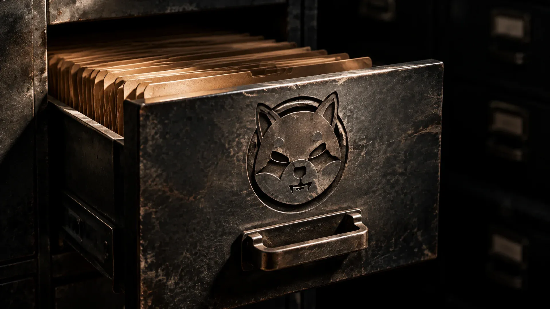 Halb geöffneter Metallschubkasten eines alten Archivschranks mit dicht gereihten Kartonmappen, in der Front ist das Shiba-Inu-Zeichen als Gravur eingeschlagen