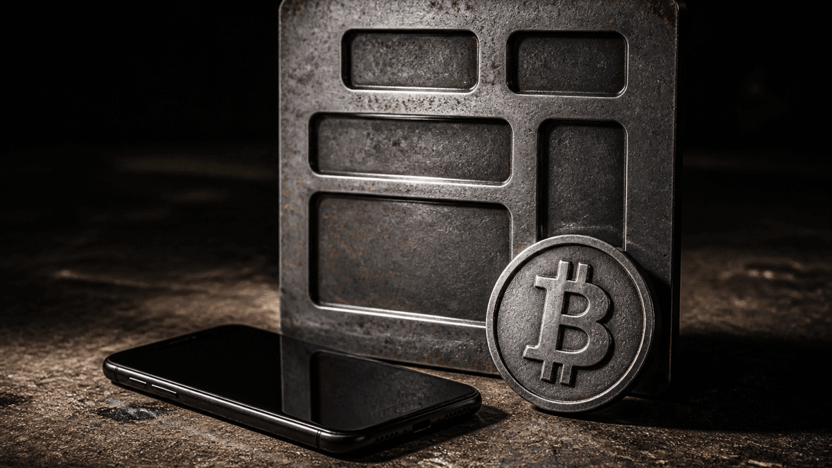 Ausgeschaltetes dunkles Smartphone auf einer Werkbank, dahinter eine schwere Stahlplatte mit leeren Prägefeldern und davor eine Münze mit eingeprägtem Bitcoin-Zeichen