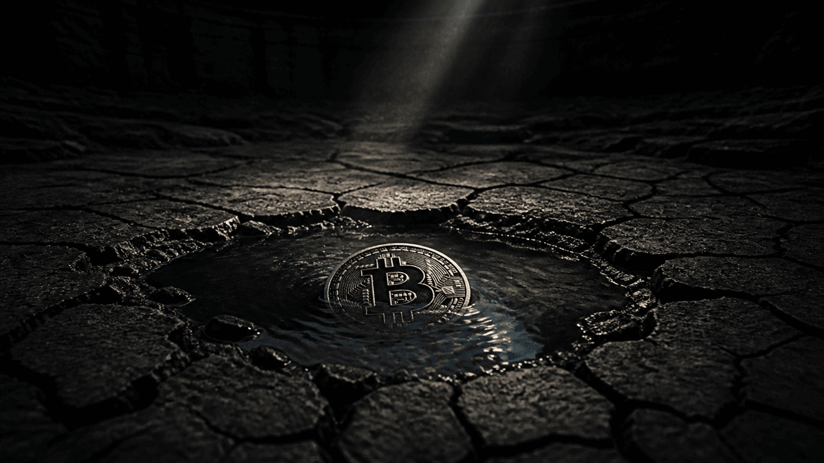 Fast ausgetrocknetes Steinbecken mit rissigem Grund, in der letzten Pfütze in der Mitte liegt eine einzelne Münze mit eingeprägtem Bitcoin-Zeichen