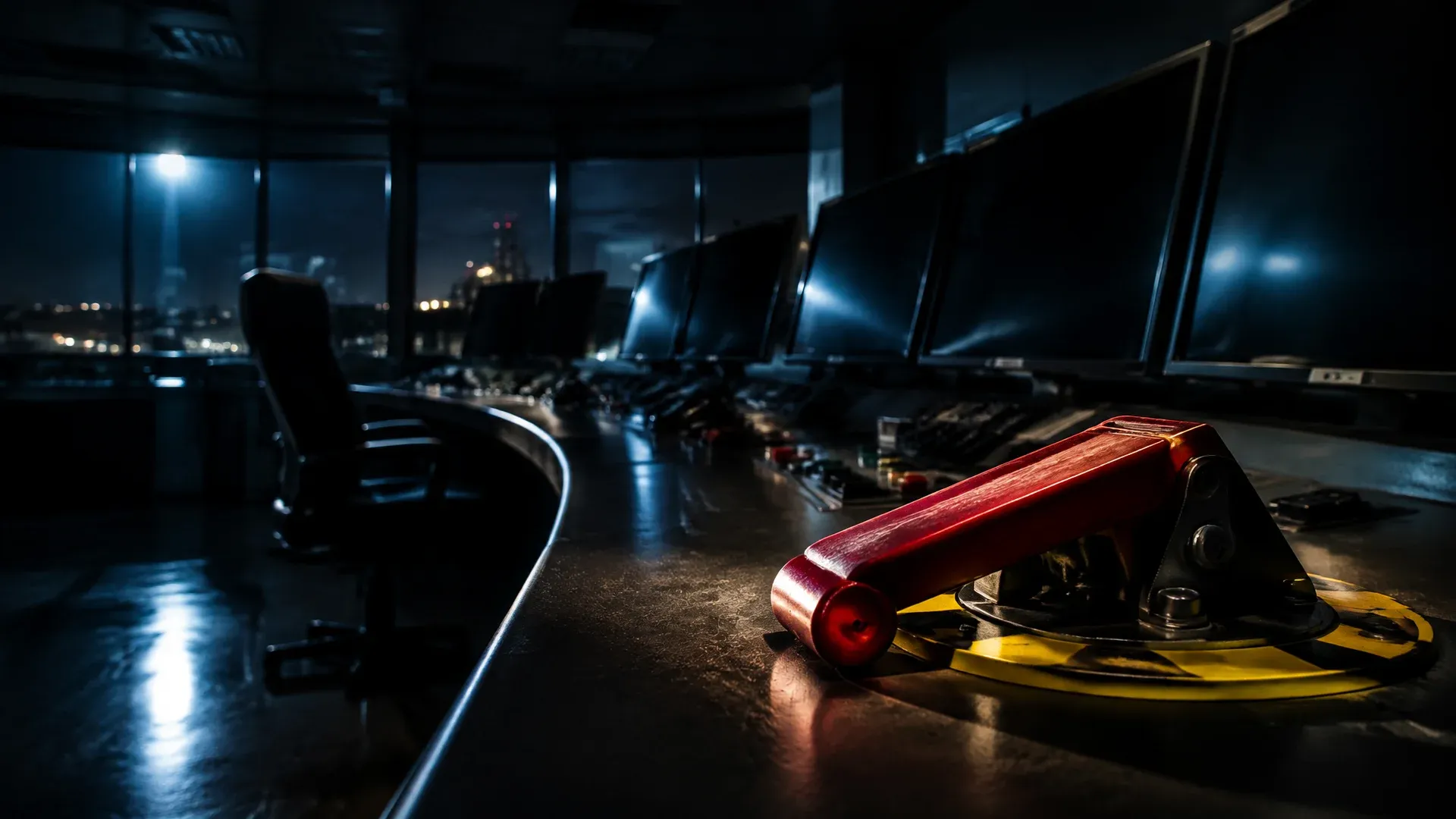 Abandoned control room at night with a thrown emergency stop lever in the foreground