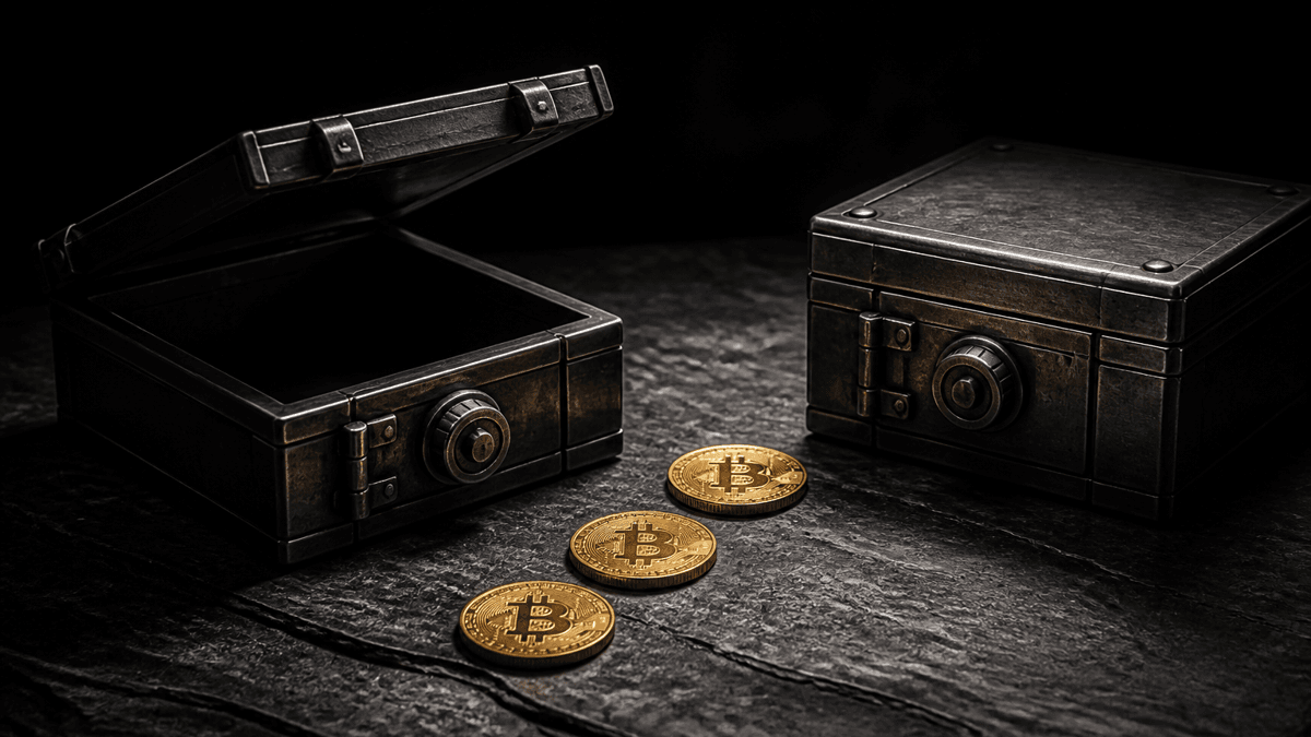 Zwei Metallkassetten auf dunklem Schiefer, die linke offen und leer, die rechte verschlossen, dazwischen eine Spur aus drei Goldmünzen mit Bitcoin-Zeichen