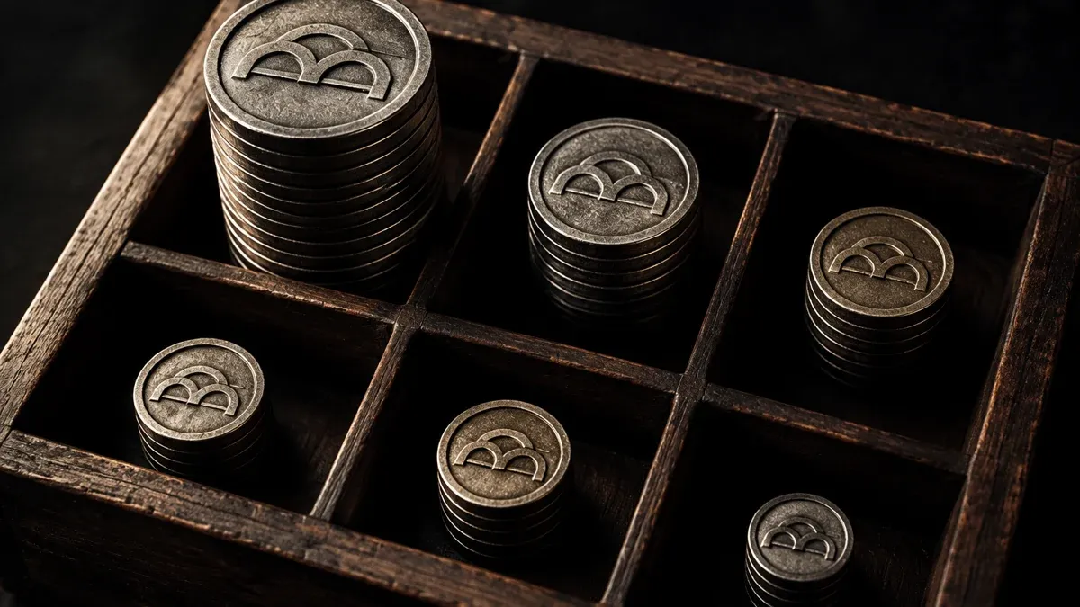 An old dark wooden type case with separate compartments holding stacks of embossed metal coins at differing heights