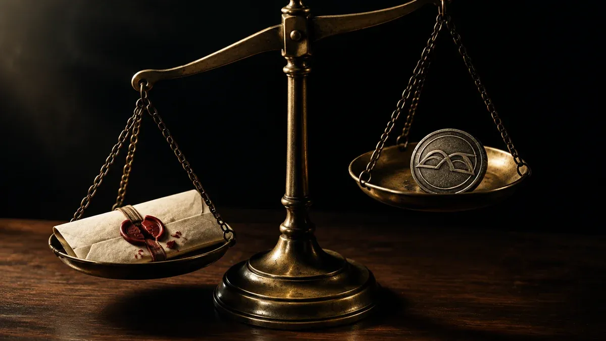 An antique beam balance hanging askew, on the left a folded document with a broken red wax seal, on the right a single embossed metal coin
