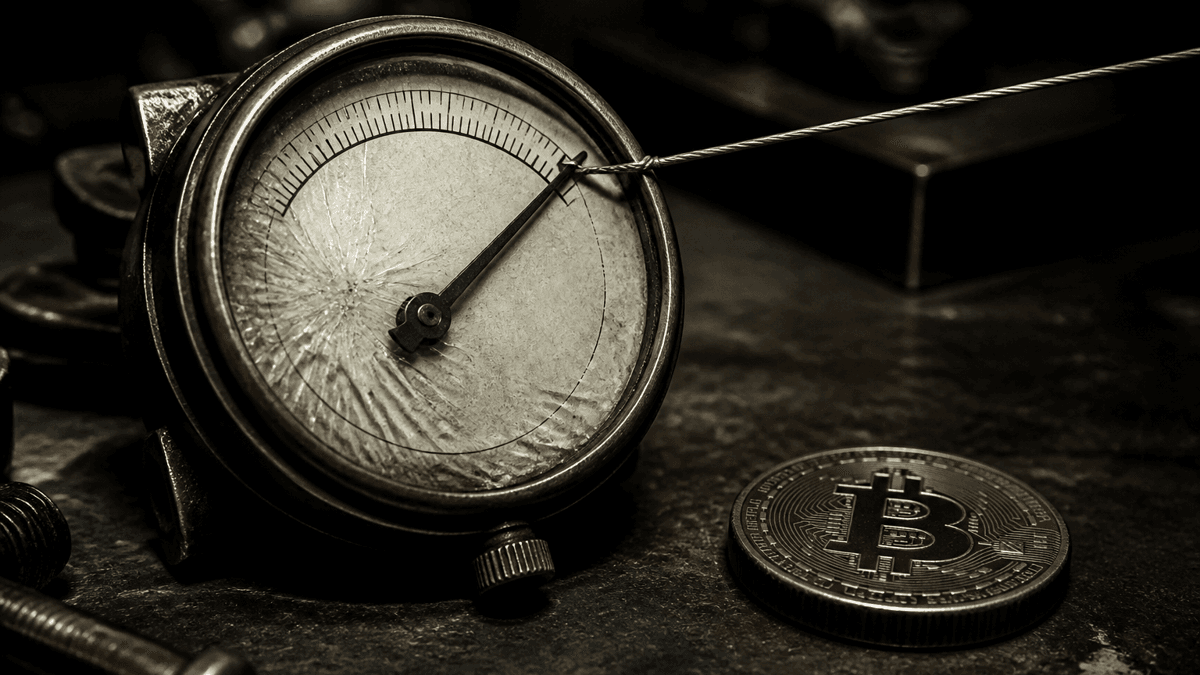 Measuring instrument without numbers, its needle pulled beyond the end of the scale by a taut wire