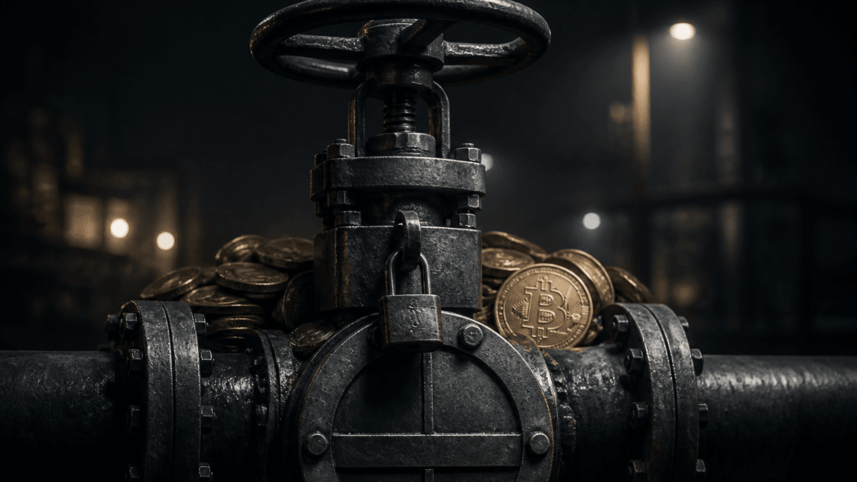 Closed steel valve with a padlock, with metal coins piling up behind it