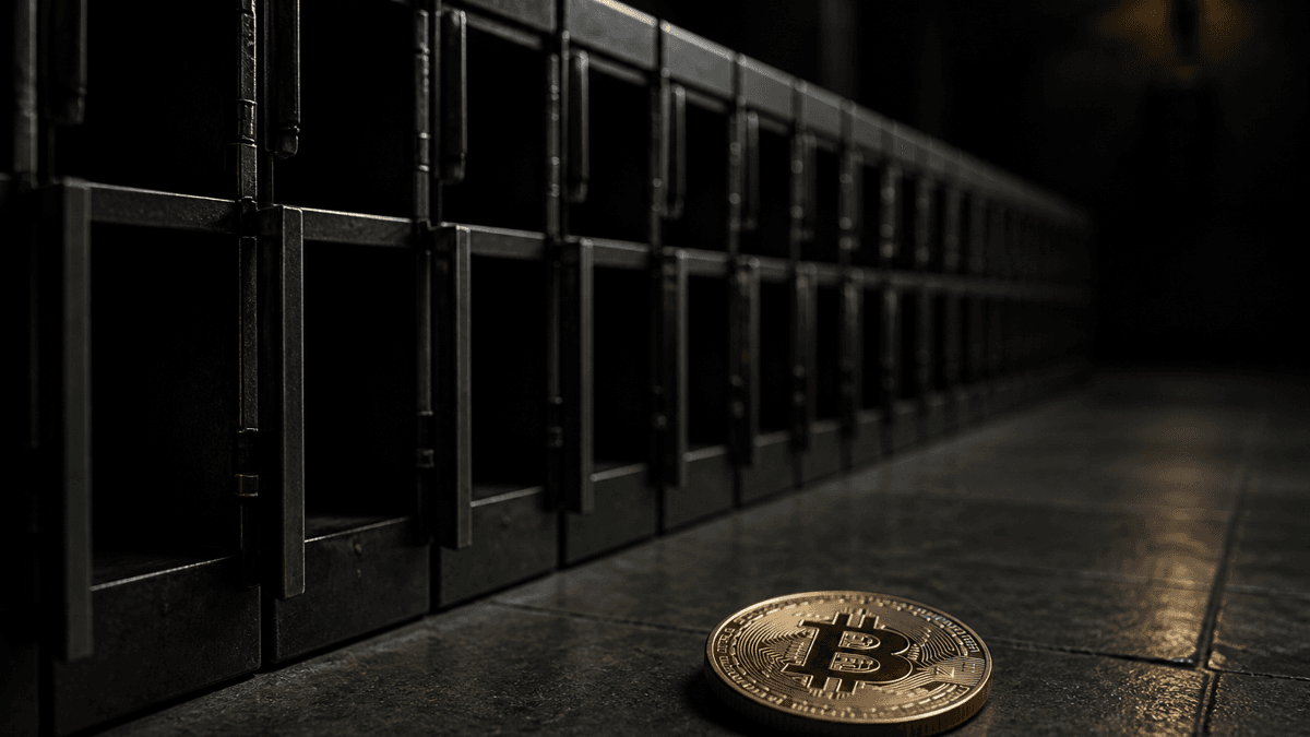 Reihe leerer geoeffneter Metall-Schliessfaecher in einer dunklen Halle, davor eine einzelne Bitcoin-Muenze auf dem Steinboden