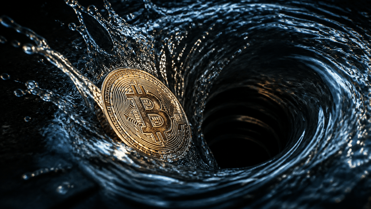 Bitcoin-Muenze wird von einem dunklen Wasserstrudel in den Sog eines Abflusstrichters gezogen