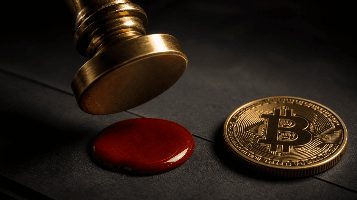 Brass-coloured seal stamp with a blank embossing face hovering over liquid red wax, beside it a coin bearing the Bitcoin symbol