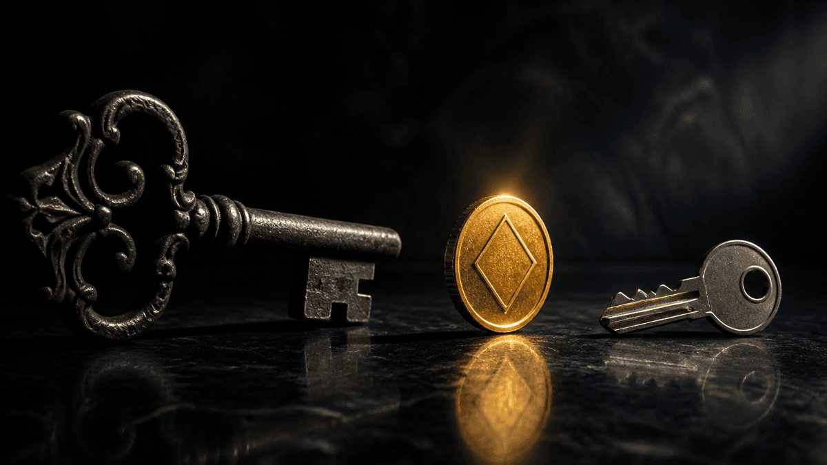 A large antique vault key and a small bare steel key lying opposite one another, between them an upright coin bearing a diamond-shaped symbol