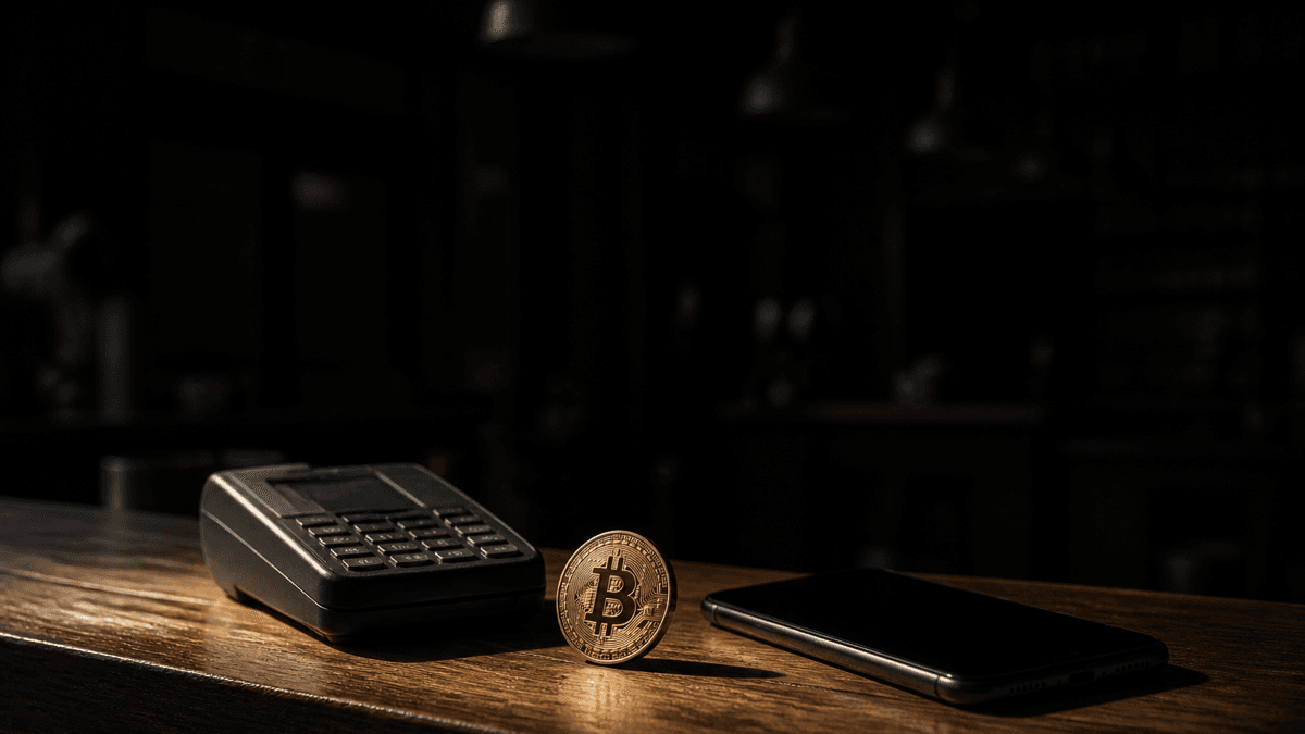 Mostrador oscuro de una tienda con un terminal de pago, un dispositivo móvil apagado y una moneda acuñada con el símbolo de Bitcoin